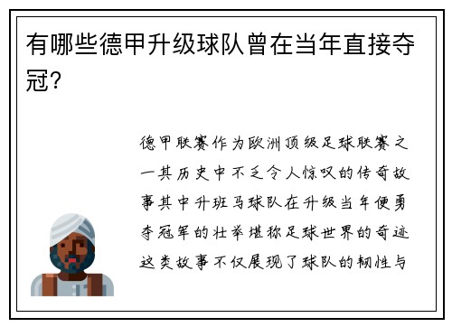 有哪些德甲升级球队曾在当年直接夺冠？